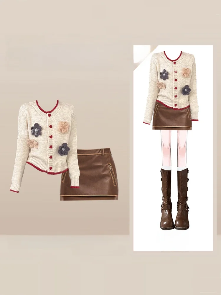 

Комплект из вязаного кардигана и плиссированной юбки с цветочным принтом, женский, осенне-зимний, приталенный, для стройности...