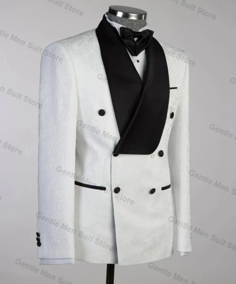 Formal Jacquard Men Suits Set 2 Piece Blazer+White Pant Office Prom Groom Wedding Tuxedo Coat Tailored Made Business Jacket