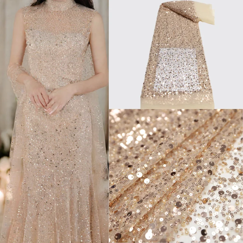 

Африканская ткань с блестками и бисером и кружево 5 ярдов, высокое качество, новейшее вечернее роскошное свадебное платье, кружевная ткань для шитья, сетчатый тюль