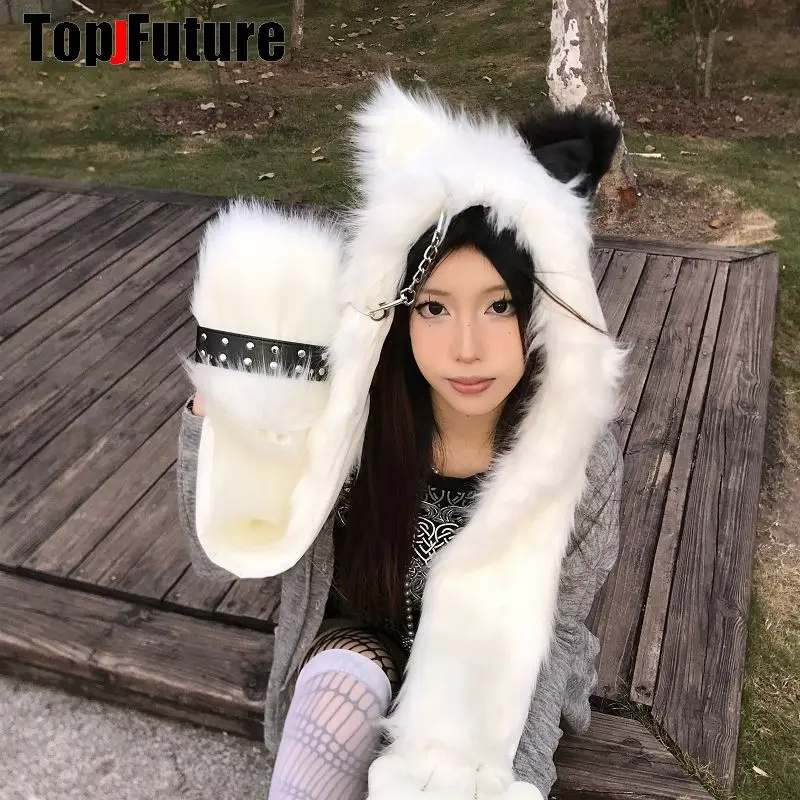 Harajuku Gothic Lolita Japanese Beanie Hat Little Devil Cat Ear Furry Warm scarf Winter unique Cat Ears Y2K Girl Women\'s Hats