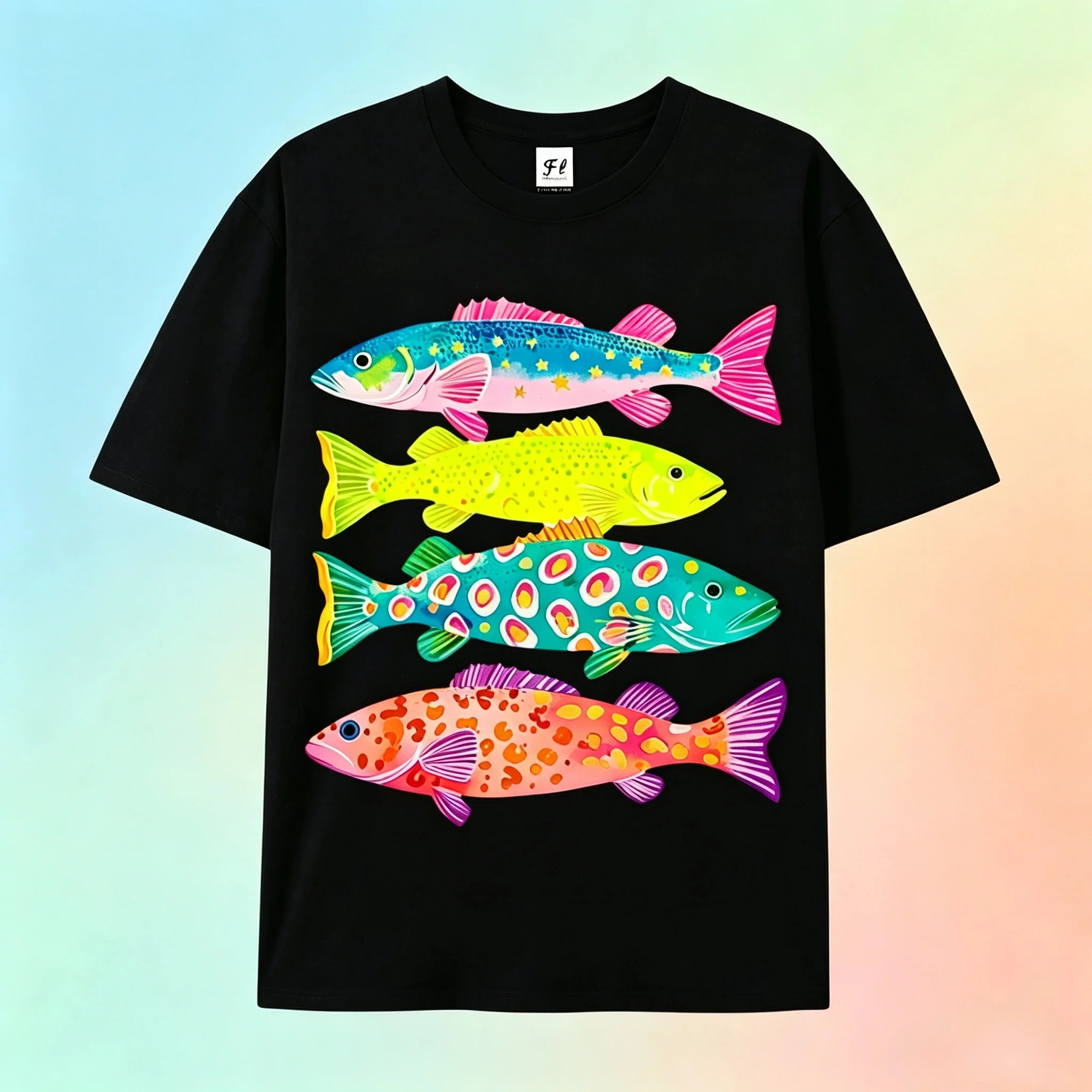 Unisex Vibrant 4‑Fish Print T‑Shirt Ocean Wildlife Graphic Short Sleeve Tees Casual Fishing Lover Street Crewneck Tops