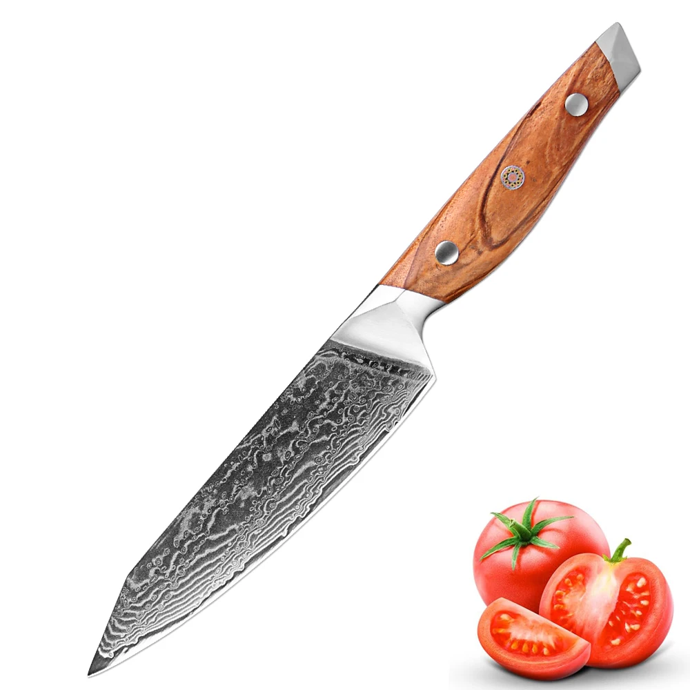 Professionelles 5-Zoll-Allzweckmesser, Küchenmesser Damaskus 67-lagiger Stahl, scharfes japanisches Kochmesser mit Griff aus Olivenholz