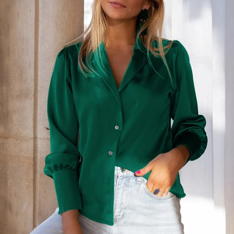 Fashion Long Sleeve Button Up Casual Shirt Women Notched Elegant Solid Office Blouses Women Loose Spring New Ladies Tops 30436