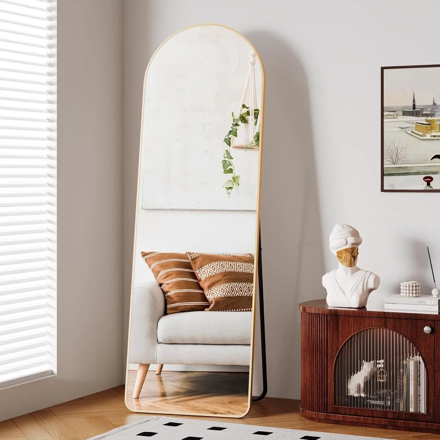 مرآة كاملة الطول 162 × 53 سم مرآة لكامل الجسم مستطيلة قائمة بذاتها مثبتة على الحائط مرايا أرضية معلقة، أسود/ذهبي #3