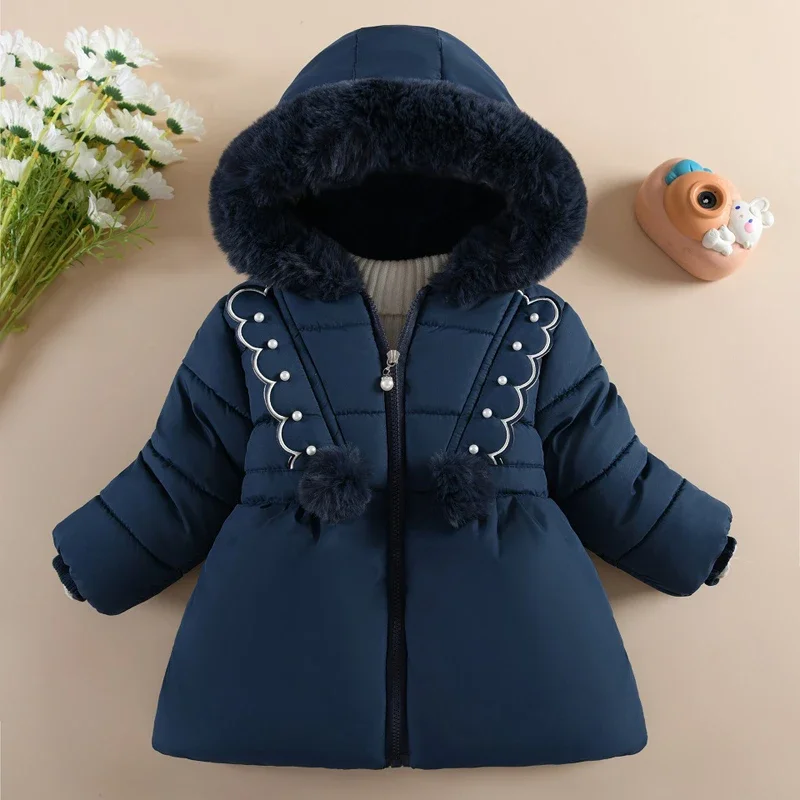 1 2 3 4 Years Baby Girls Jacket Winter Autumn Solid Color Pearl Decoration Lamb Wool Lining Thick Warm Hooded Down Cotton Coats