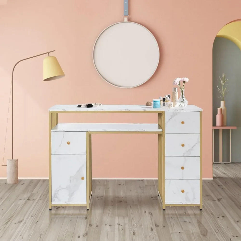 Nail Desk with Storage Cabinet Manicure Table with 5 Drawers Makeup Storage Home Beauty Salon Spa Workstation with Metal Frame