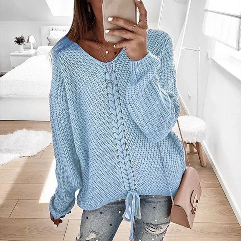 Simple Solid Colors Knitted Sweater Autumn Winter Women V-Neck Long Sleeve Pullovers Loose Casual Warm Tops Plus Size Streetwear