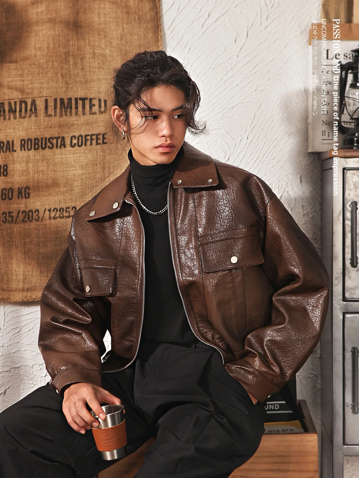 

Retro Japanese Sle PU Leather Jaet Men's Winter Faion Brand Motorcycle Clothing Multi-ket Workwear Upper Apparel