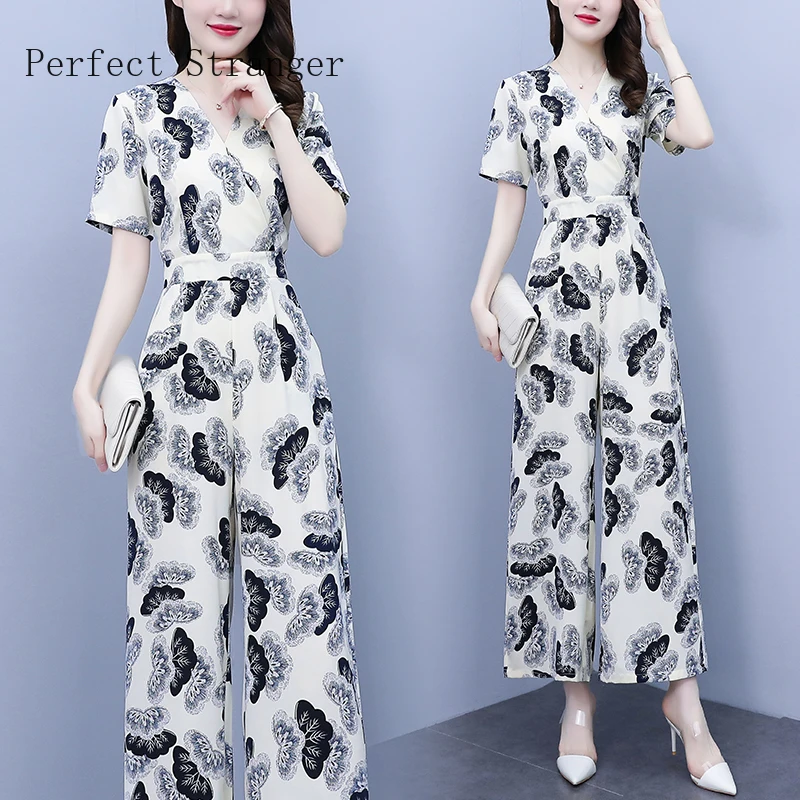 Hot Sale Women Elegant for Party 2022  Jumpsuit Short Sleeve High Waisted  Printed V Neck Long Rompers Office Overalls