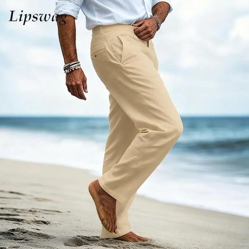 

Новые повседневные льняные брюки, мужские винтажные однотонные свободные прямые брюки, весна-осень 2026, повседневные мужские льняные брюки для отдыха