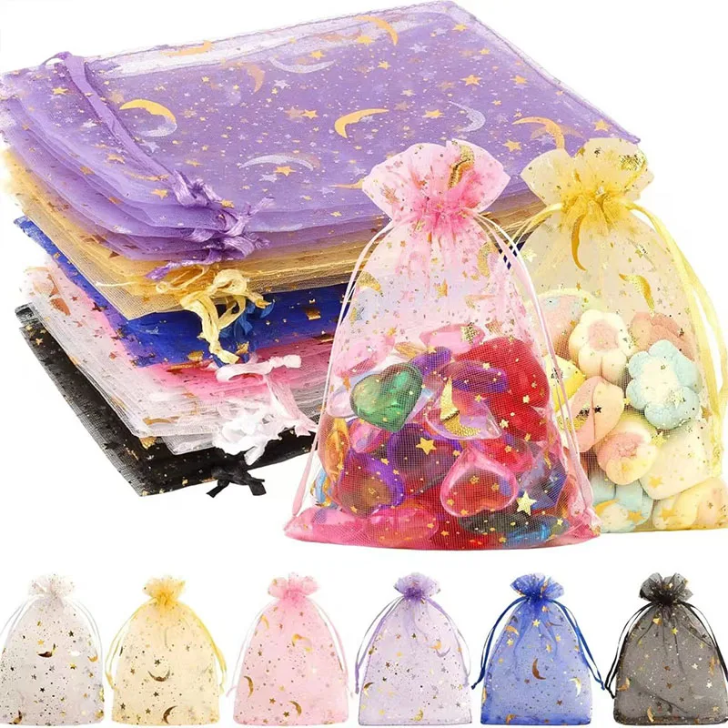 

5/10/20pcs Moon Star Organza Jewelry Candy Bags with Drawstring For Wedding Party Event Jewelry Packing DIY Gifts Pouches