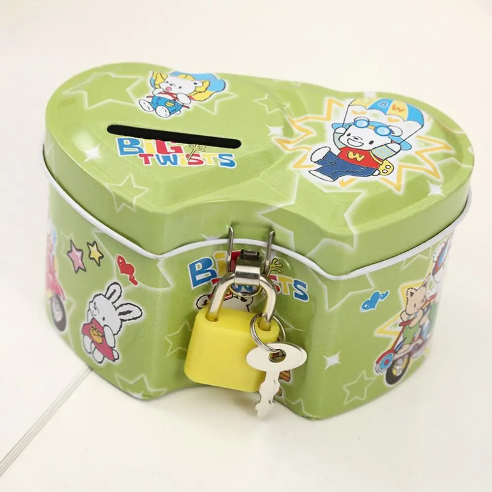 With Lock and Key Tinplate Piggy Bank High Capacity Cute Coin Savings Box Cartoon Print Design Iron Art Kids Storage Jar