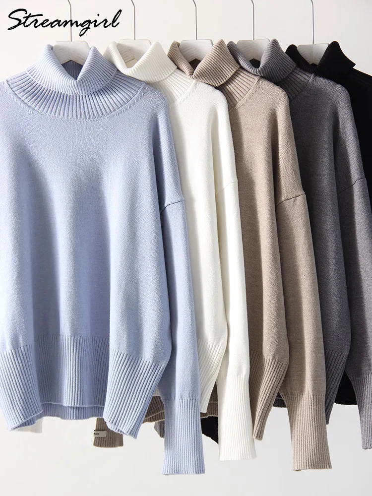 Women Turtleneck Sweaters Oversize Simple Knit Jumpers White Warm Thick Pullovers Autumn Ladies Oversized Sweater Winter Women