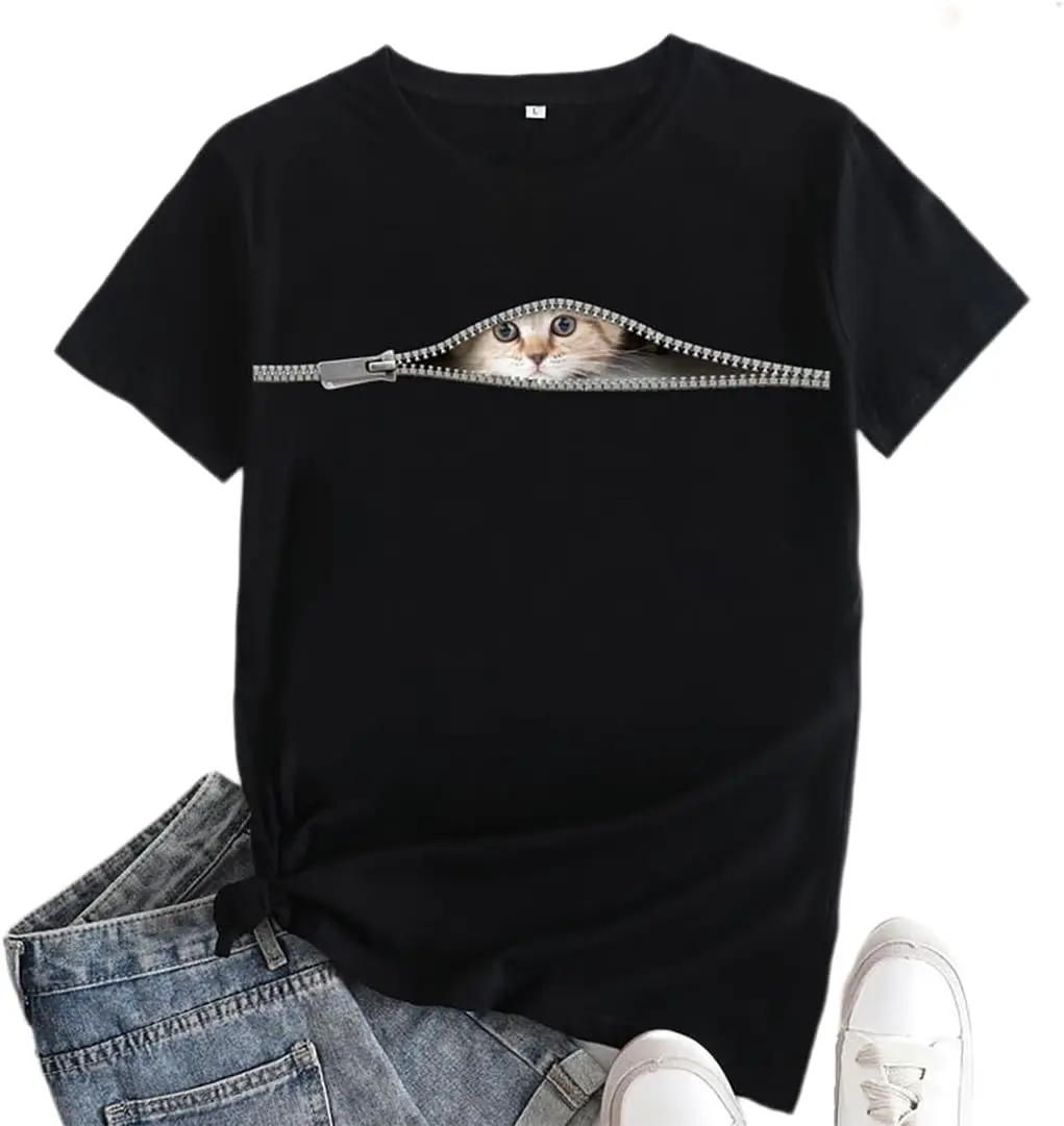 Cotton 100% Womens Cute Cat Print Short Sleeve Crew Neck T-Shirt for Summer Casual Loose Solid Color Tee Shirts Tops Tee