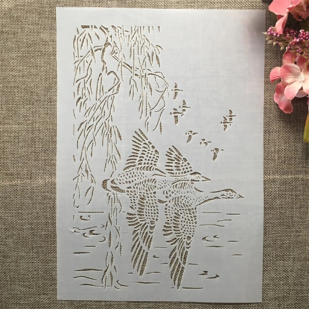 A4 29cm Two Wild Duck Willow Lake DIY Layering Stencils Wall Painting Scrapbook Coloring Embossing Album Decorative Template