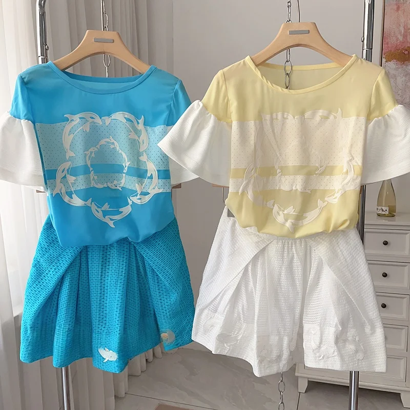 韓国風サマーファッションセット 女の子用 ベルスリーブと刺繍入りスカート ドルフィン柄ポリエステルスカート...