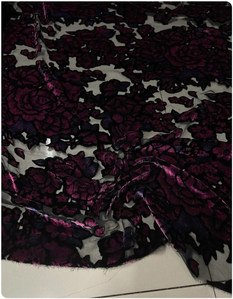 High Grade Purple Flower Mulberry Silk Velvet Cloth Dress Cheongsam Skirt Fabric