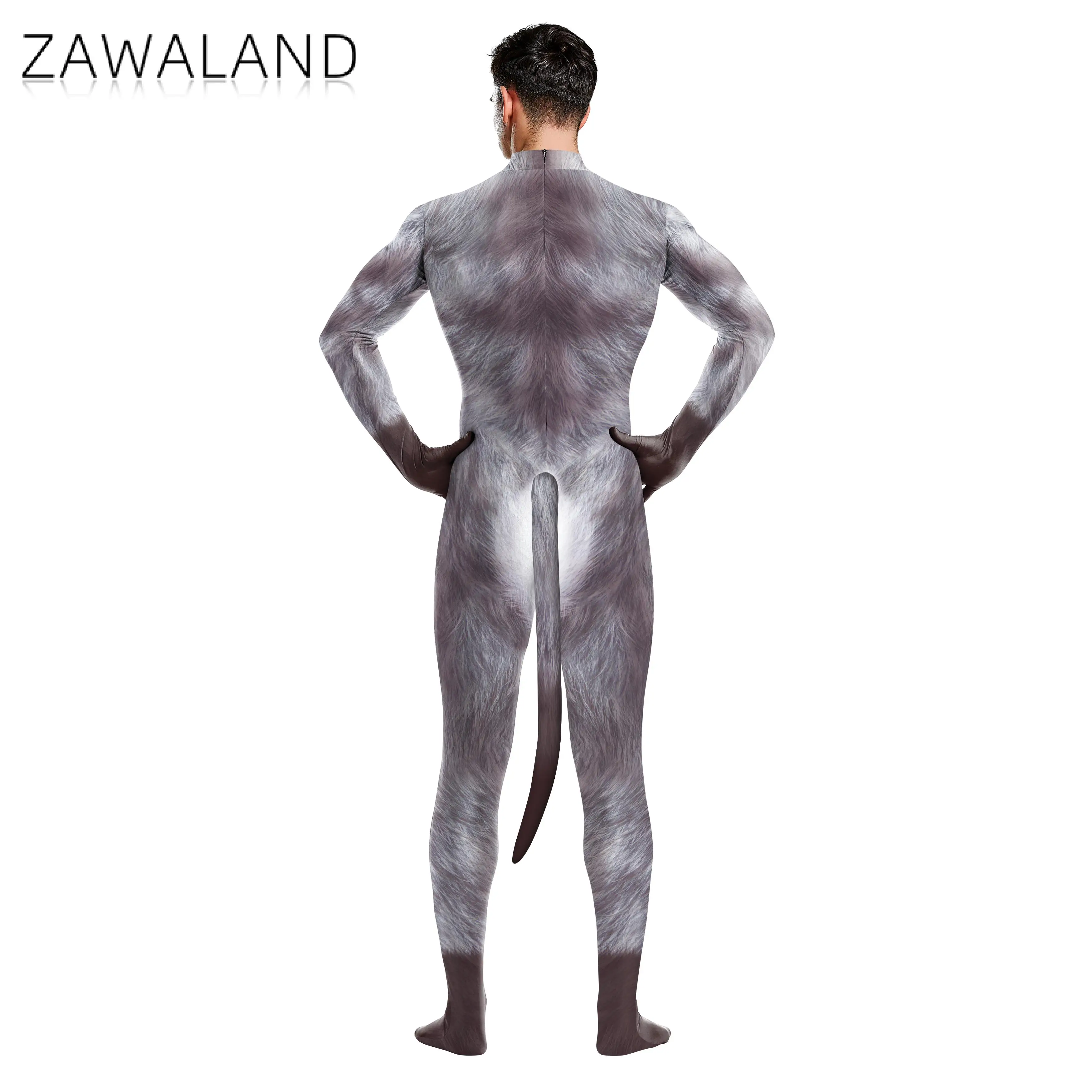 Zawaland Halloween carnevale Cosplay Snow Wolf tuta stampata in 3D manica lunga costumi attillati Catsuit body Zentai con coda