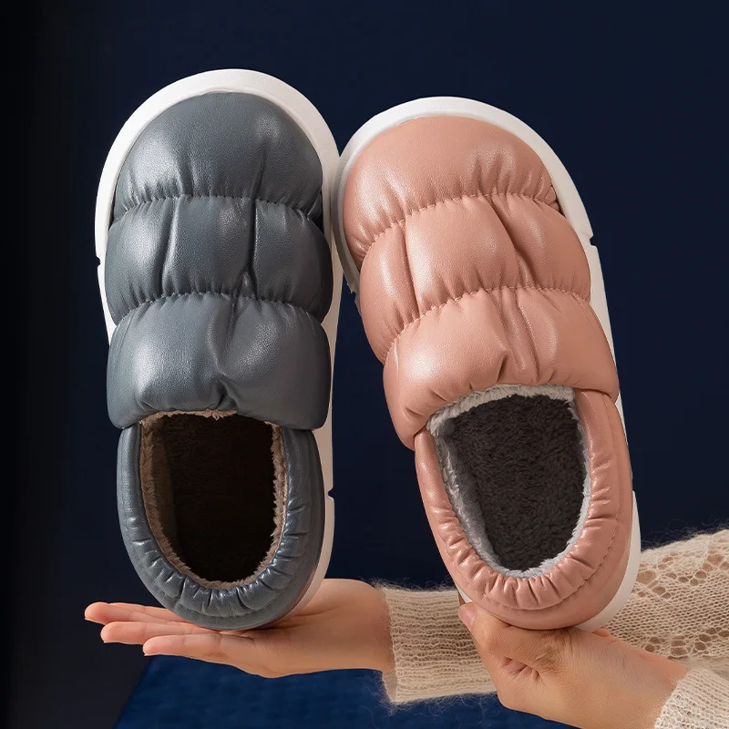 Warm Women's Wnter Shoes Cotton-padded Slippers PU Leather Thick Soles Non-slip Home Short Plush Furry Female Slipper Men Slides