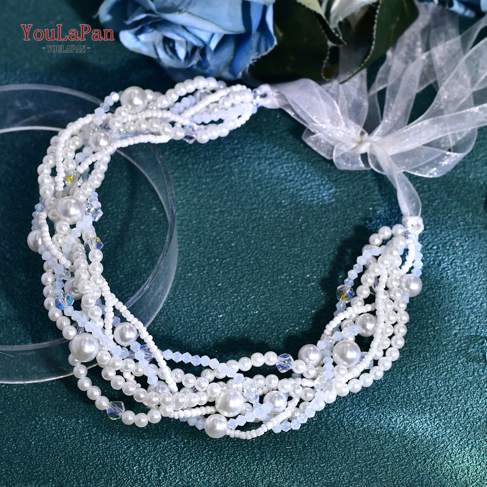 YouLaPan بوهيميا العروس الزفاف العصابات الشعر التيجان اليدوية اللؤلؤ كريستال عقال النساء أغطية الرأس الزفاف إكسسوارات الشعر HP845