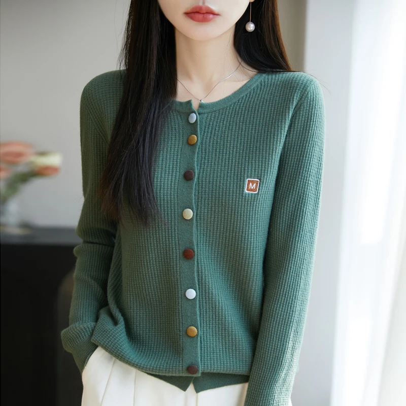 

Women Fine Wool Sweater Clothing O-neck Color Buckles Cardigan Fashion Female Long Sleeve Knitted Tops Autumn Winter Soft Coat