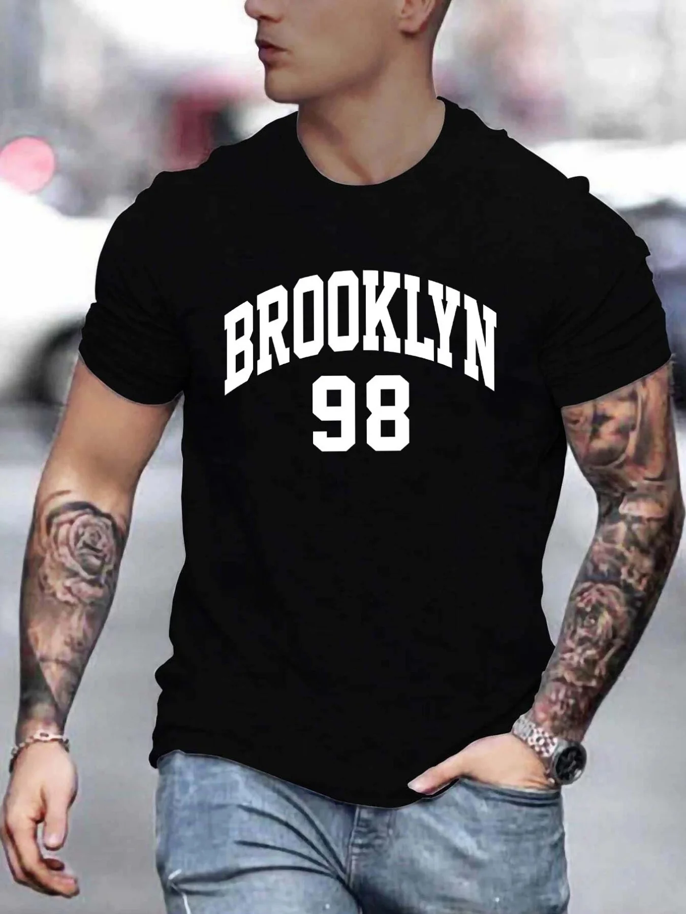

Men's Brooklyn 98 Graphic T-Shirt - Black Casual Short Sleeve Tee with Bold White Print, Machine Washable, All-Season Comfort