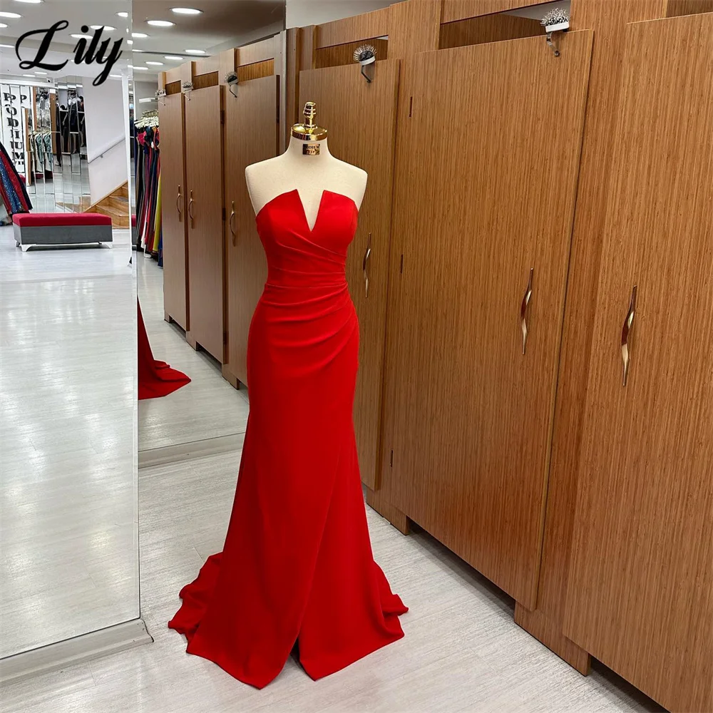 

Lily Simple Red Prom Dresses Sexy V-Neck Evening Dresses with Split Mermaid Pleated Party Dress Zipper Back 프롬 드레스 Customized