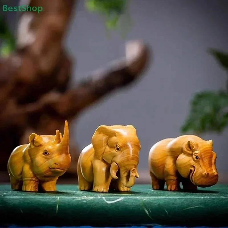 Wooden Carved African Trio:Rhinoceros,Hippopotamus,And Elephant Figurines,Creative Car And Home Decor Crafts