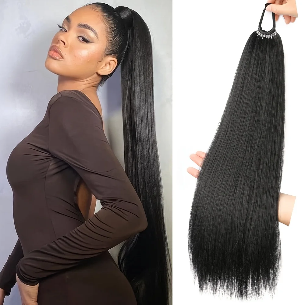 

24" Yaki Straight Synthetic Ponytail Hair Extensions with Rubber Band - High-Temperature Resistant Sleek Natural Look for Women