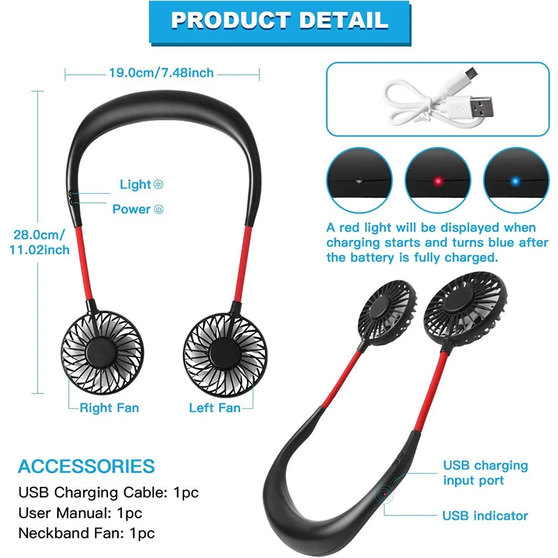 Portable Neck Fan USB Neck Hang Fan Hand Free Personal Lazy 360 Degree Rotation Cooling Handheld Wearable Suitable Fan