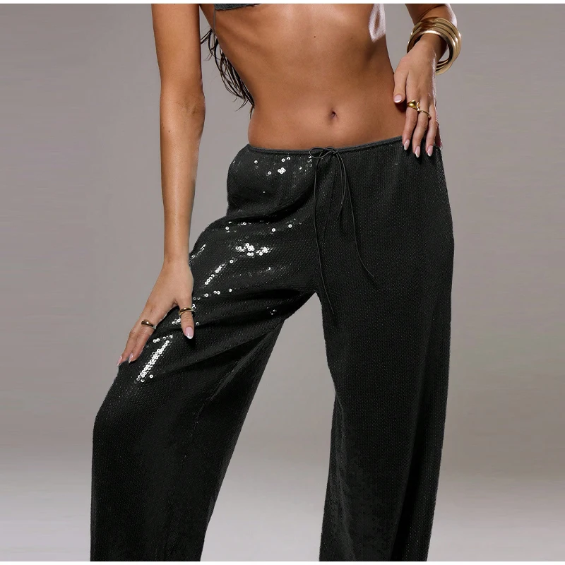 Street Sequin Lace Up Pants Women Elastic Low Waist Wide Leg Trousers Female 2026 Spring Summer Lady Shiny Party Club Clothes
