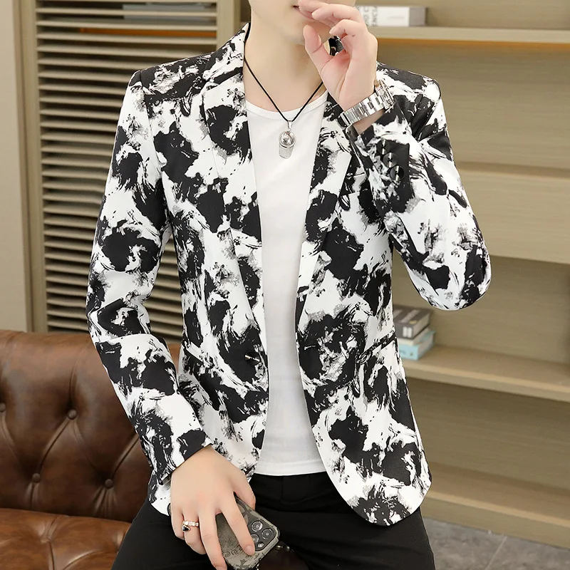 Korean Fashion Tie-dyed Suit Jacket Men High-quality Slim Casual Business Blazer Masculino Wedding Streetwear Social Dress Coats