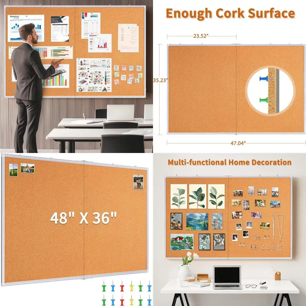 

48 x 36 Wall-Mounted Corkboard, Aluminum Framed Bulletin Board, Foldable Office & Home Memo Board