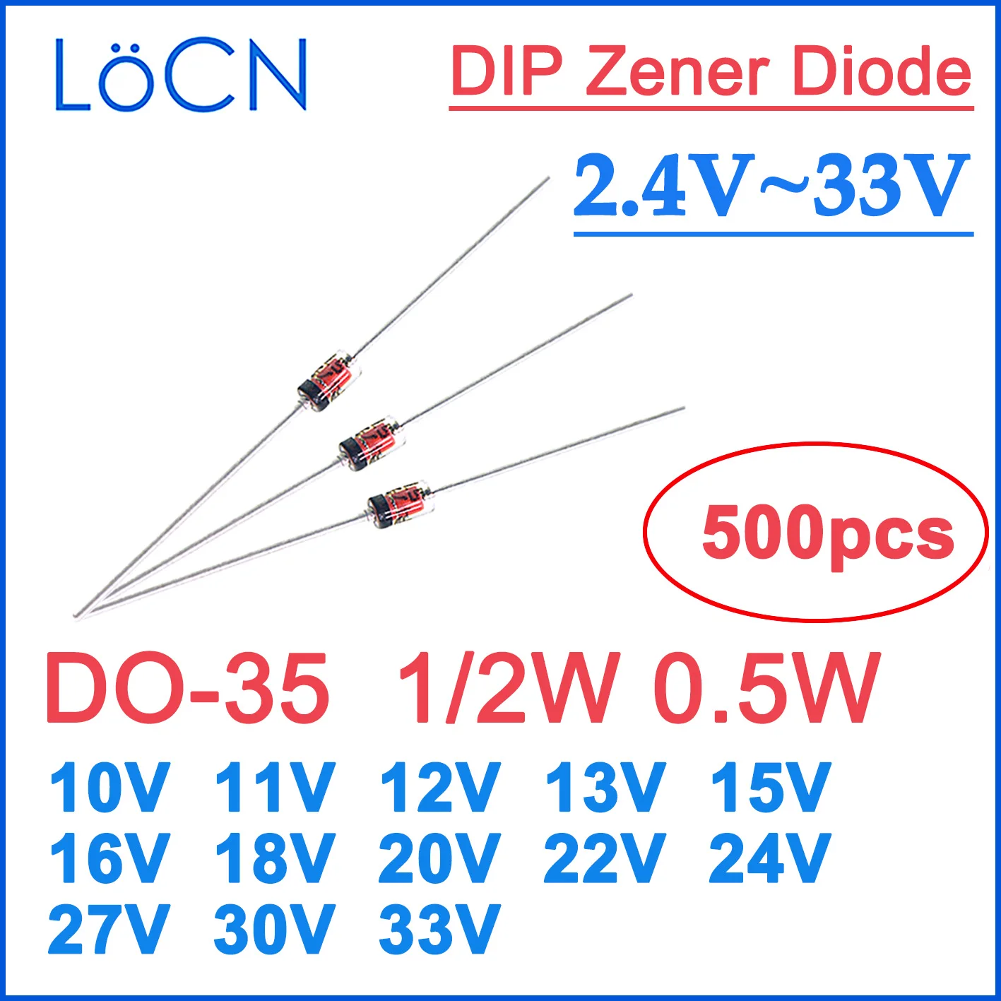 Zener Diodes 0.5W 1/2W DO-35 10V 11V 12V 13V 15V 16V 18V 20V 22V 24V 27V 30V 33V 2V4 9V1 5V1 3V3 High Quality LoCN 500PCS/LOT