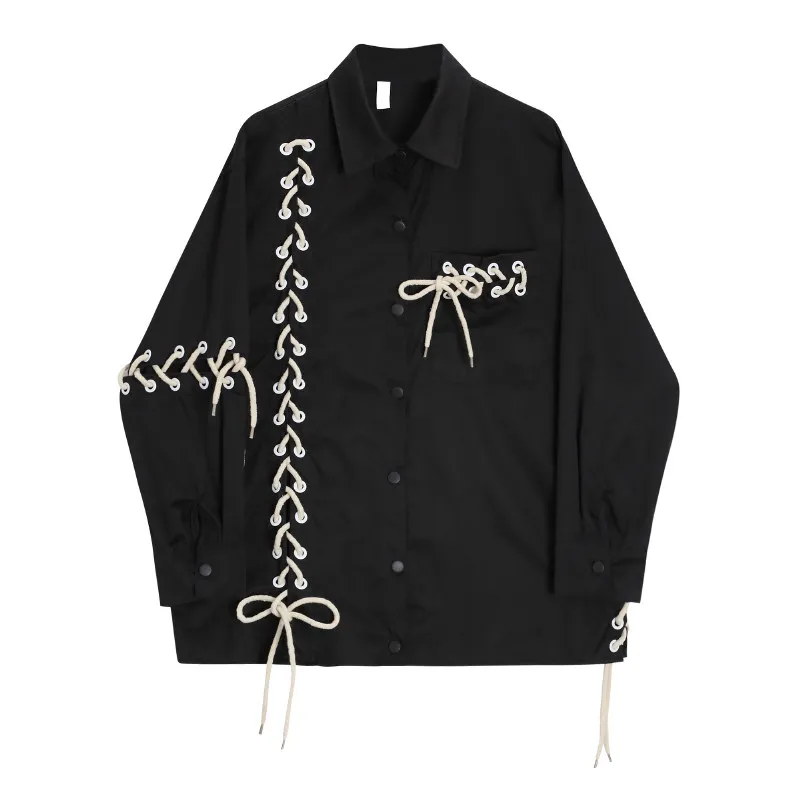 SuperAen Loose Retro Long-sleeved Shirt for Women 2026 Spring and Autumn New High Street Lace-up Black Shirts