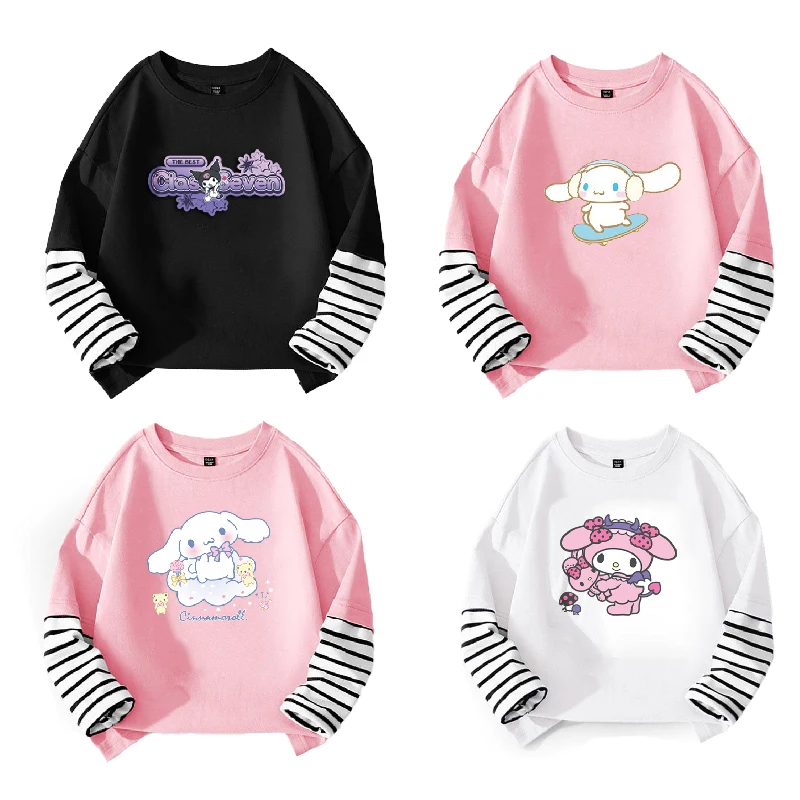 

New Sanrio Hello Kitty Cinnamoroll Kids Bottom Shirt Cartoon My Melody Kuromi Children Cotton Splicing Long-sleeved T-shirt Tops