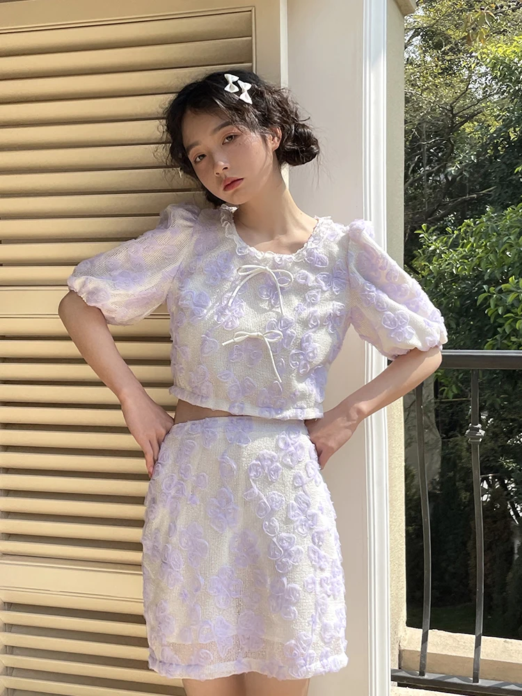 

Purple High Waist Bubble Sve Me Skirt Set Women's Faion Ensemble Polyester Fabric 8-25 Years Old Autumn Collection