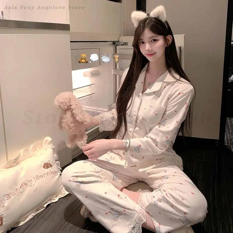 

Sweet Cartoon Pajamas Set Thickened Island Fleece Sleepwear Home Clothes Autumn Winter Casual Nightwear Loungewear Pyjamas Suit