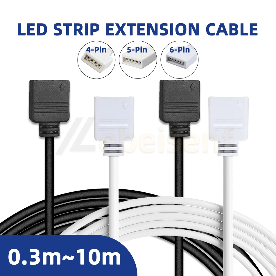 4P 5P 6P Extension Cable LED Strip Connector 30cm 50cm 1m 2m 3m 5m 10m 22AWG 6 5 4 Pin RGB W RGBCCT Connection Cable Black White