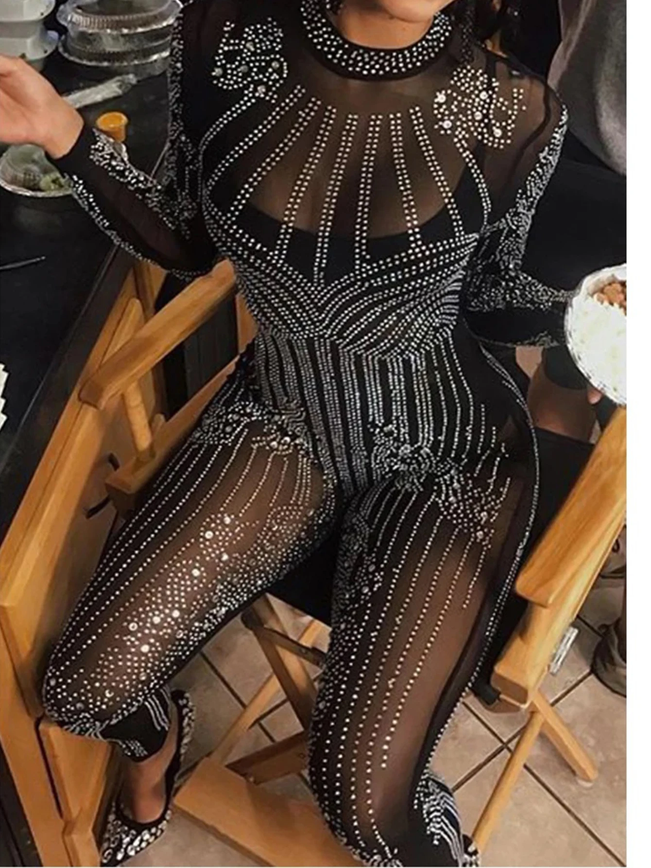 Sexy see through Black mesh Rhinestone jumpsuit women body birthday party jumpsuits one piece club rave outfit bodysuit overalls