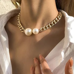 Korean Fashion Smooth Cuban Chain Necklaces Women Round Pearl Pendant Necklace Girl Chokers Fashion Accessories Jewellery Gift