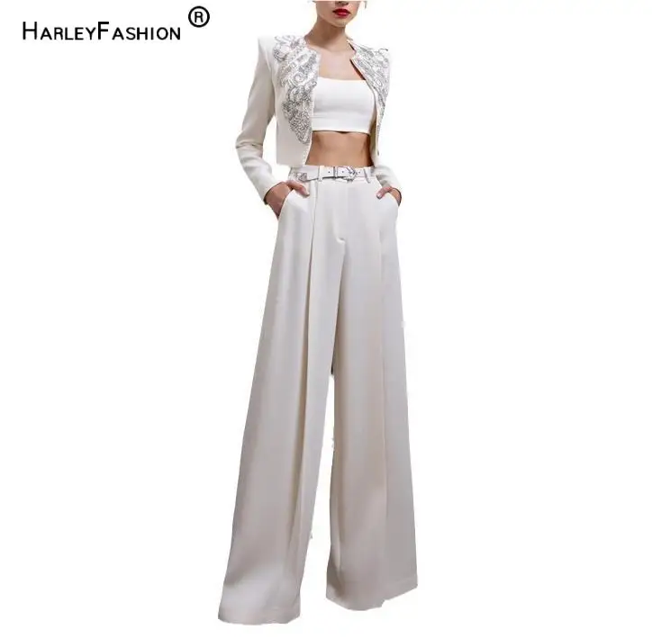 New Fashion Lady Solid Office Suit O-neckline Long Sleeve Rhinestone Beading Short Blazer Loose Pants Women 2Pcs White