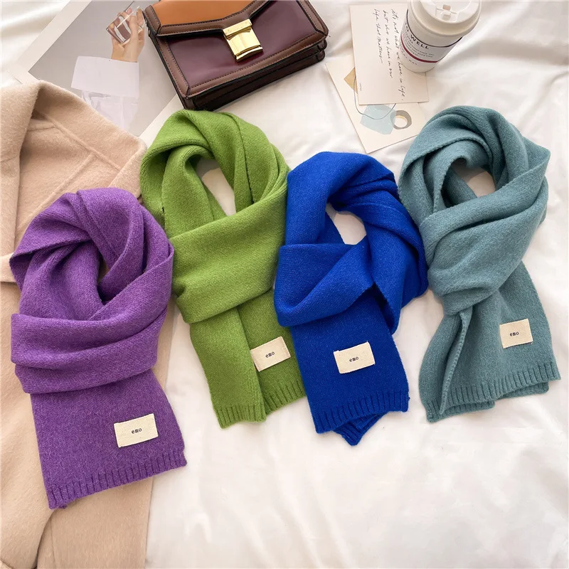 Pure Color Knitting Scarf With Autumn and Winter Warm Scarf Long-Term Student Scarf Candy Color Bright Foundation Korean Version