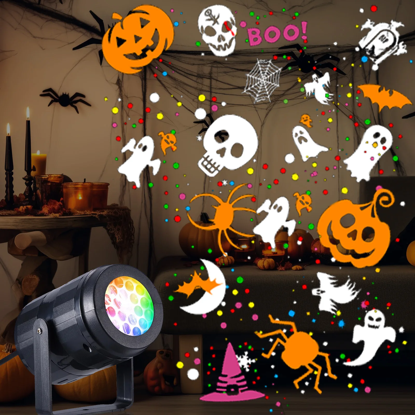 2024 Halloween Projector Night Light Pumpkin Bat Ghost Dynamic Pattens USB Power Fairy Lamp for Bedroom Room Party Indoor Decor