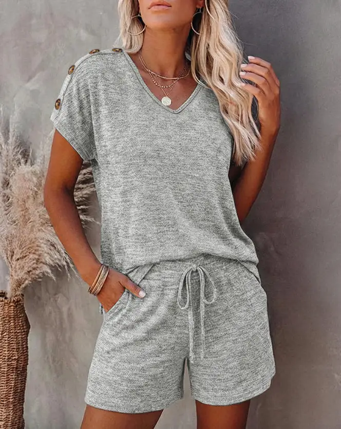 

Two Piece Set Women Outfit 2026 Spring New Solid Color V-Neck Short Sleeved T-Shirt Top & Drawstring Daily Casual Shorts Set