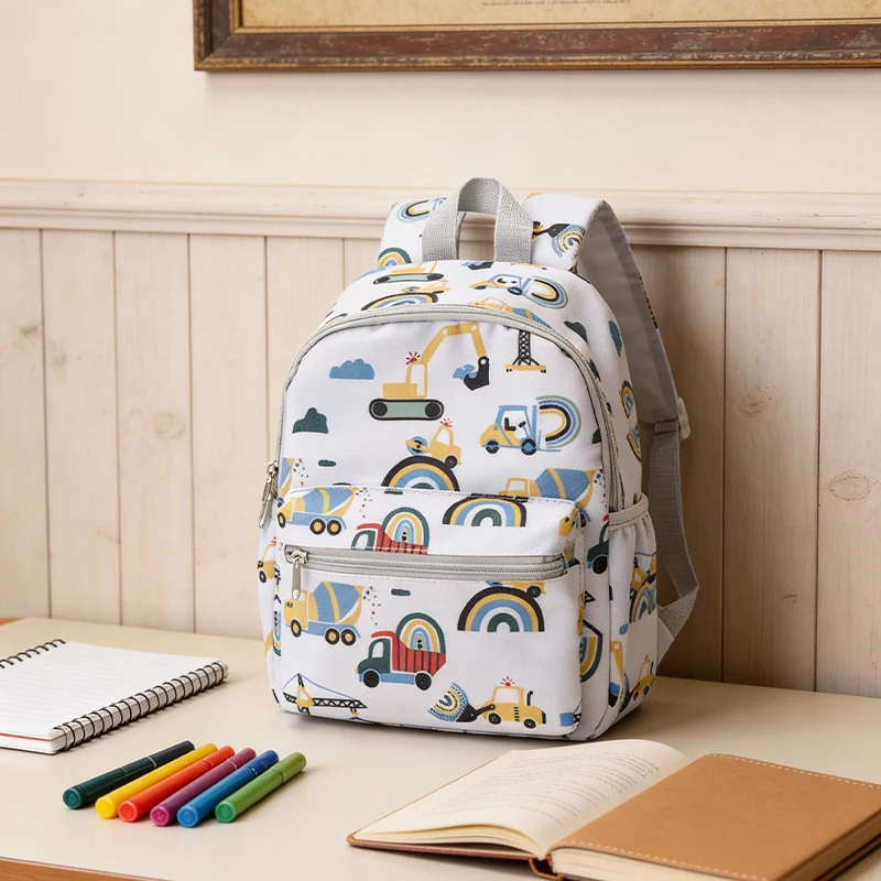 

Cartoon Full Print White Construction Truck Backpack Unisex Adjustable Shoulder Straps Layered Design Side Pocket for School