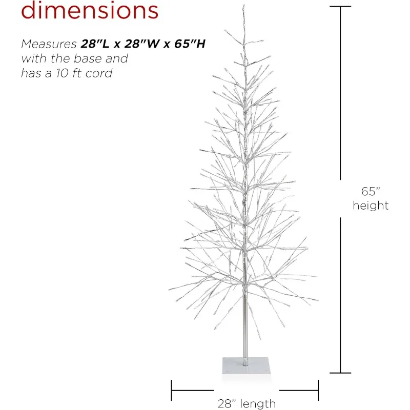 Alpine Corporation 65 بوصة ارتفاع داخلي/خارجي شجرة عيد الميلاد المصنوعة مسبقًا من رقائق الفضة مع حصة ساحة وأضواء LED 360 درجة، زينة عيد الميلاد #5