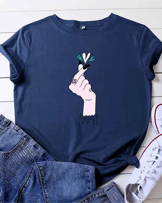 Finger Heart Print T Shirt Women Short Sleeve Tee O Neck Loose T-shirt Summer Women Shirt Fashion Tops Camisetas Mujer Clothes