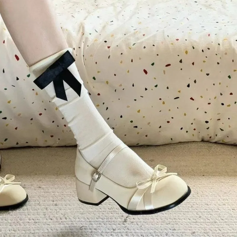 

Spring/Autumn New Thick Heel Women Mary Jane Shoes Square Toe Shallow Butterfly-knot Ladies Casual Leather Shoes，Fashionable