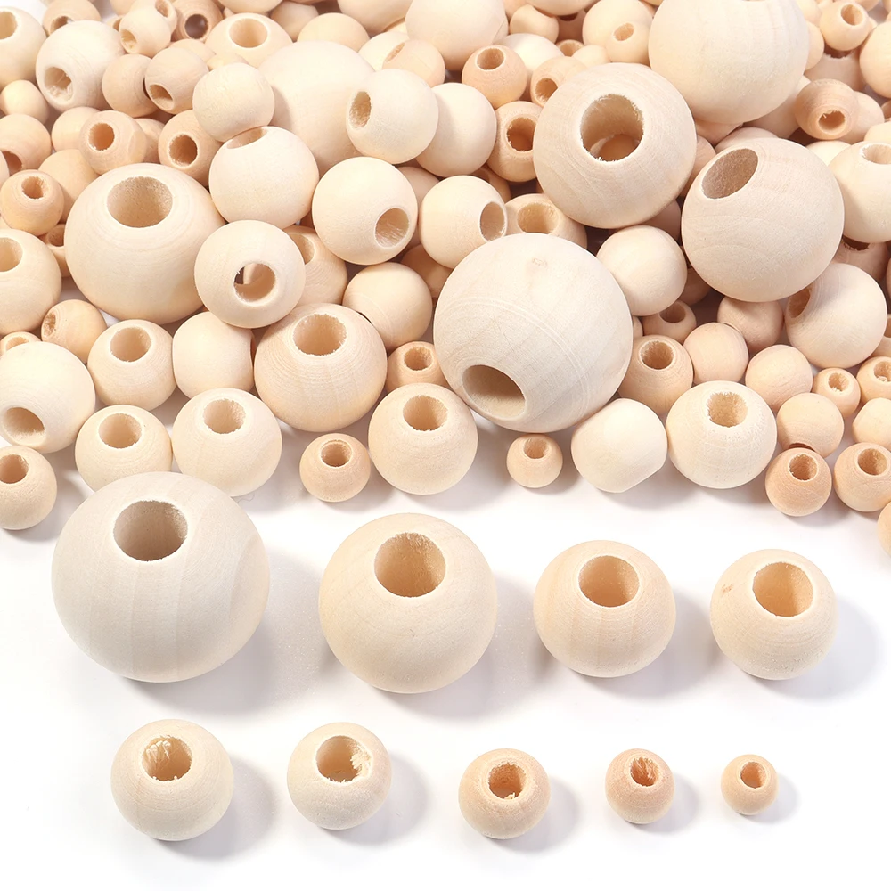 10-200 Stück 8-30mm Naturholzperlen mit großem Loch, runde lose Holzperlen für Schmuckherstellung, DIY Armbänder, Halsketten, Zubehör